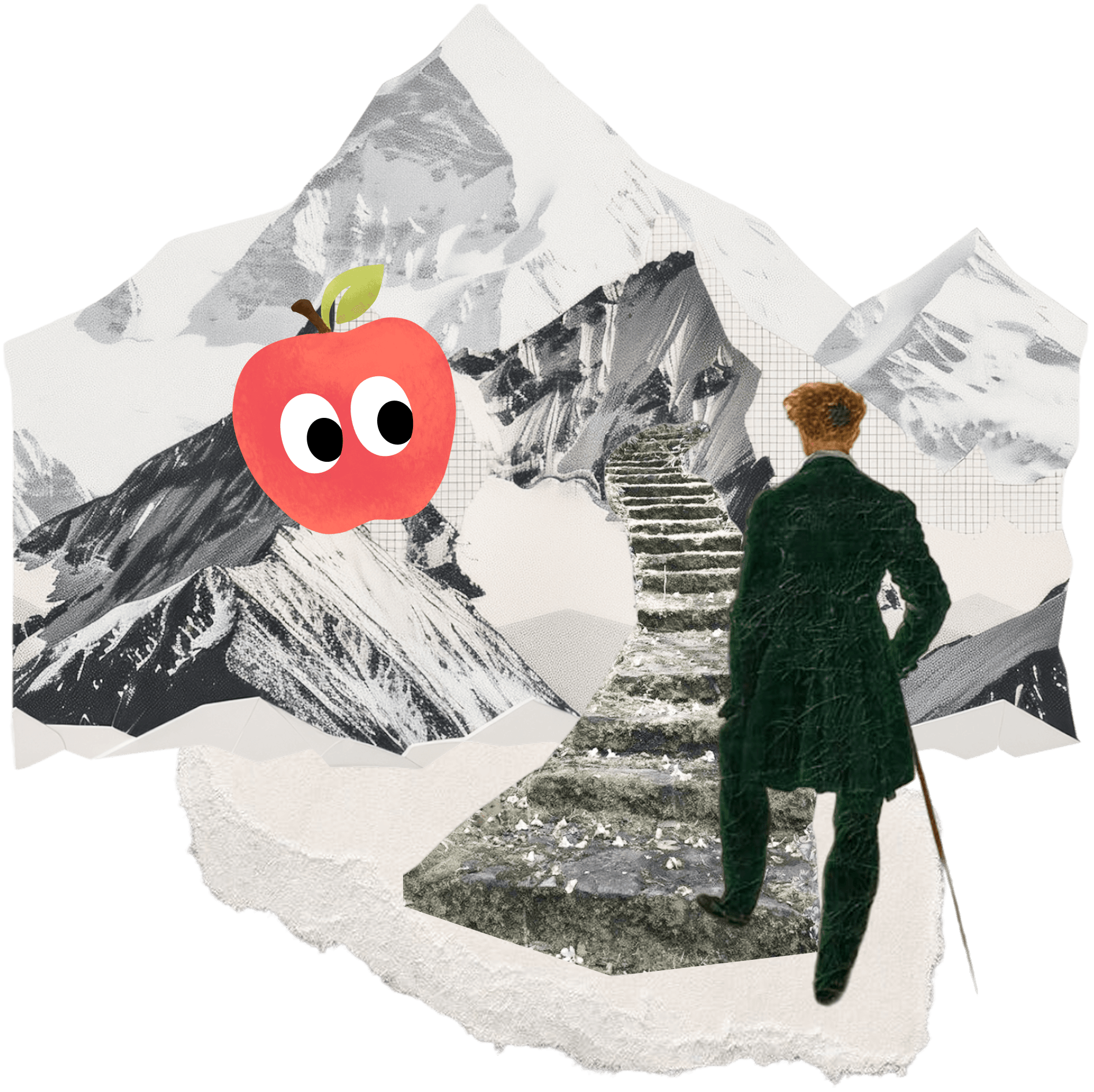 A traveler climbing toward a mountain alongside Aristotle’s apple character