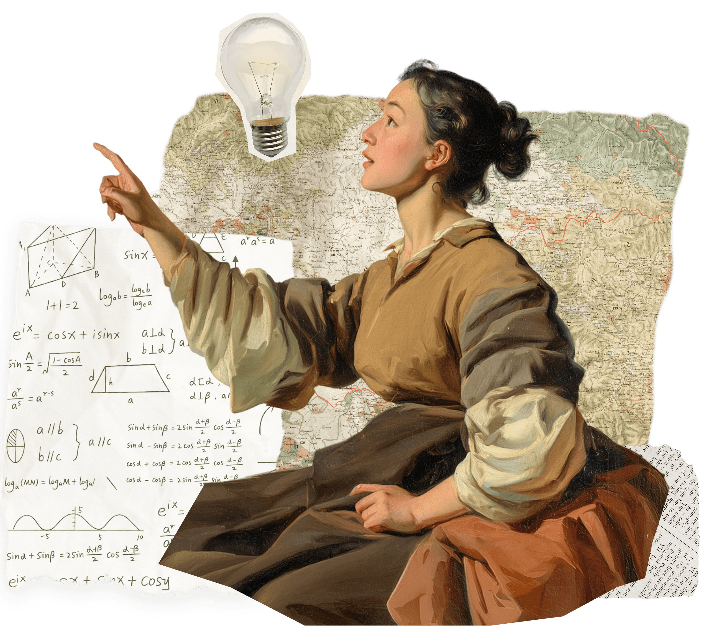A learner having an idea, surrounded by maps and equations