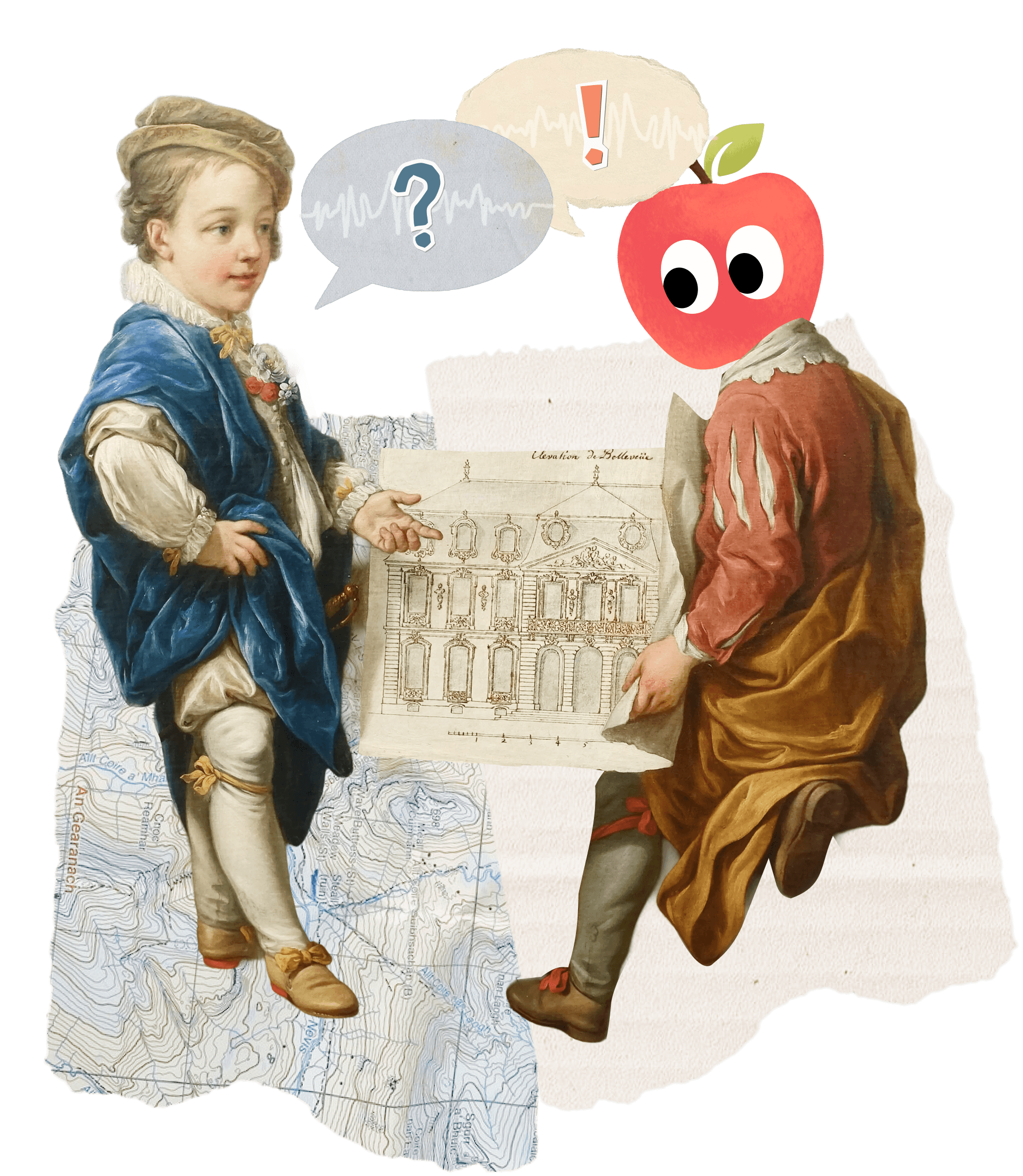 Two figures in conversation, sharing questions and ideas