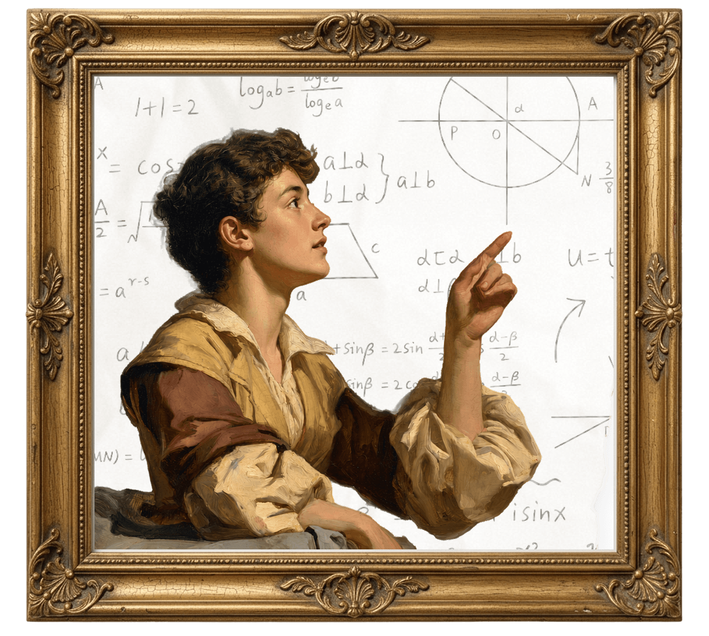A student working through math ideas inside an ornate picture frame